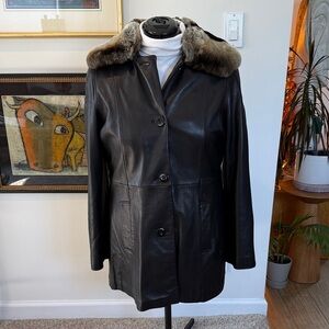 Women's Black Leather Coat with Fur Collar